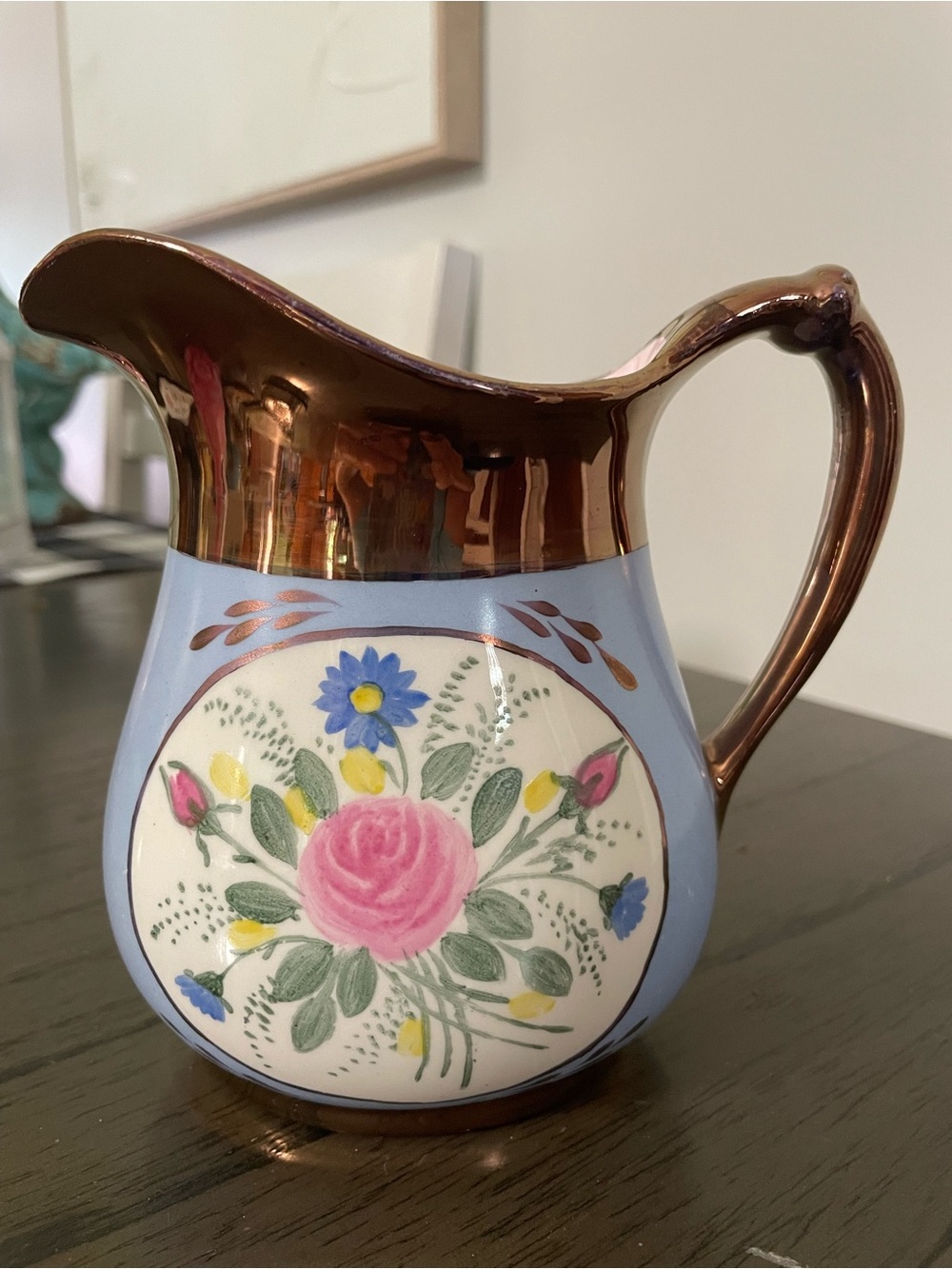 Vintage Blue Ceramic Pitcher with Copper Handle